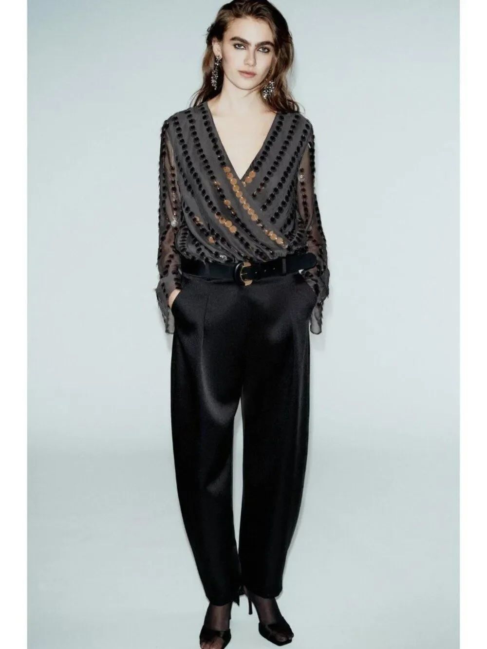 Zara Women Satin Trousers XS Black High Waisted Tapered Relaxed Fit 9529/877 NWT